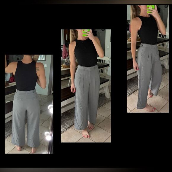 Halara Grey High Waisted Wide Leg Belted Ankle Trouser Dress Pants - Picture 1 of 10